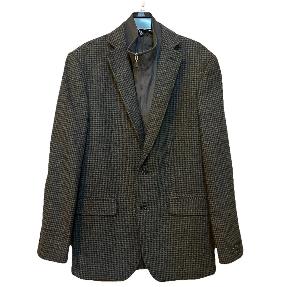 Marc Anthony Peacoat W/Bib Black Gray Houndstooth Mens 40L Elbow Patch